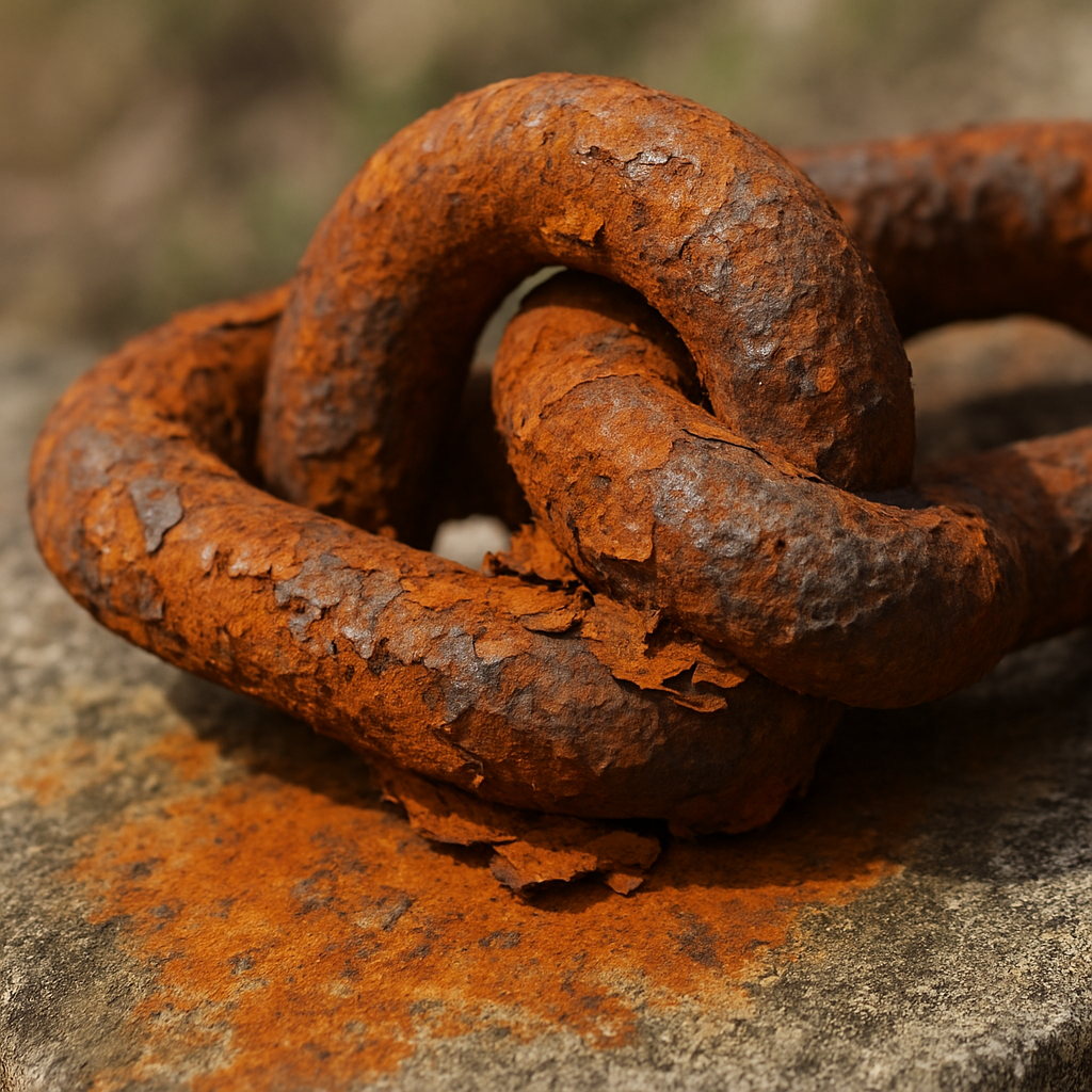 Rusted iron chain showing oxidation and chemical weathering
