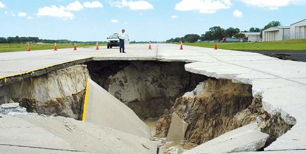 Real sinkhole in Spring Hill, Florida caused by limestone dissolving underground