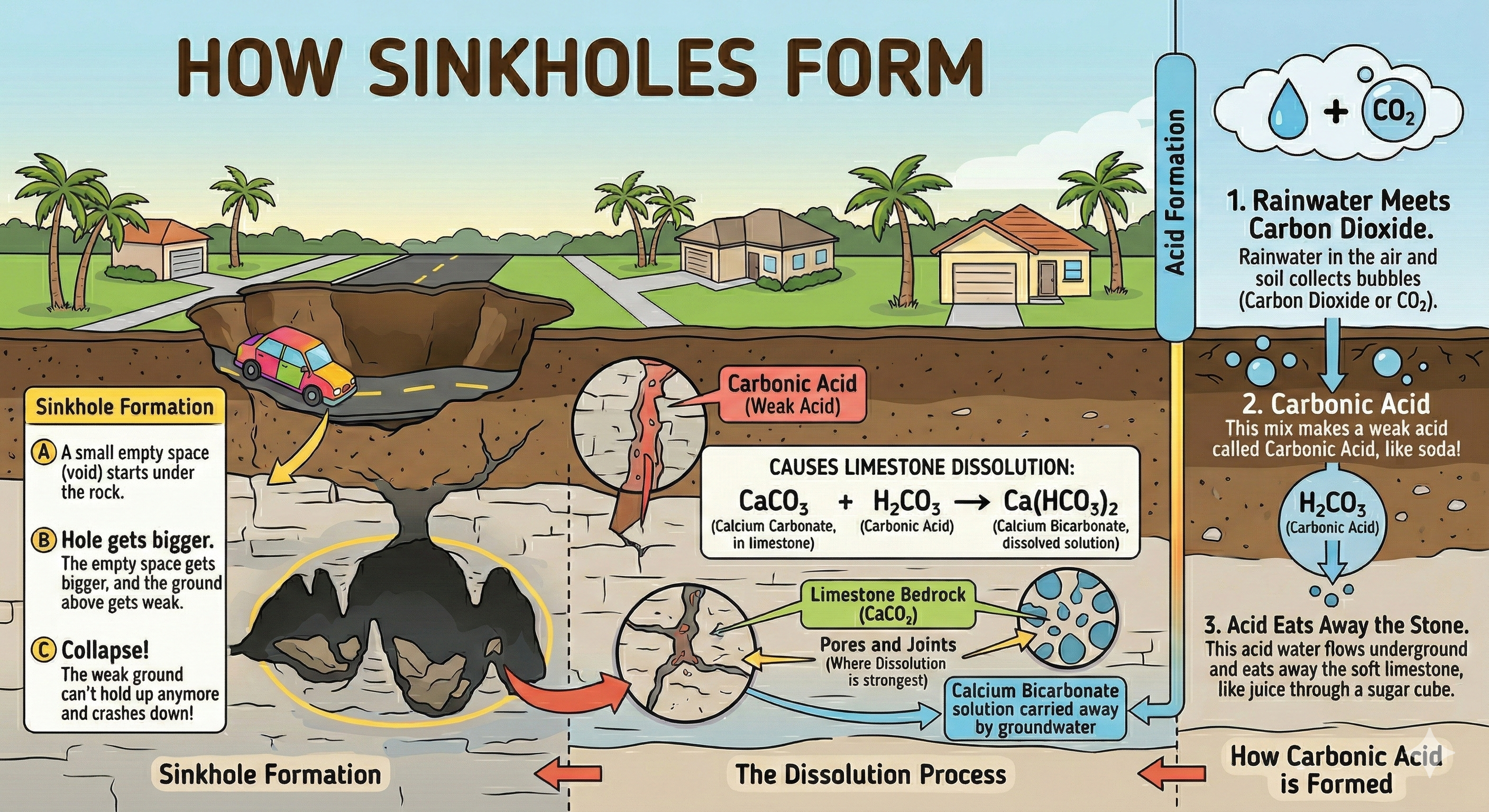 Infographic showing how sinkholes form through carbonic acid dissolving limestone