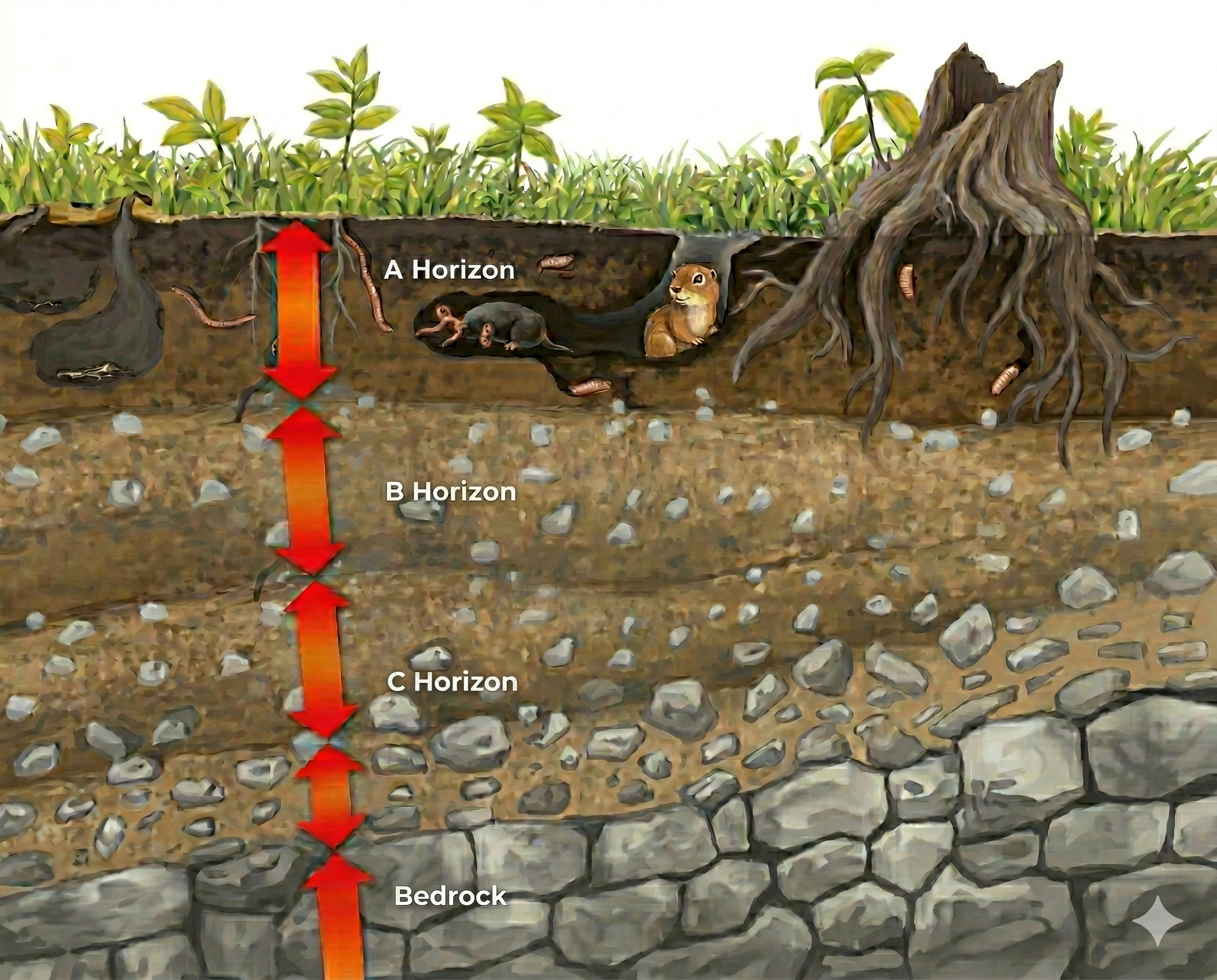 Cross-section showing soil horizons A, B, C, and bedrock