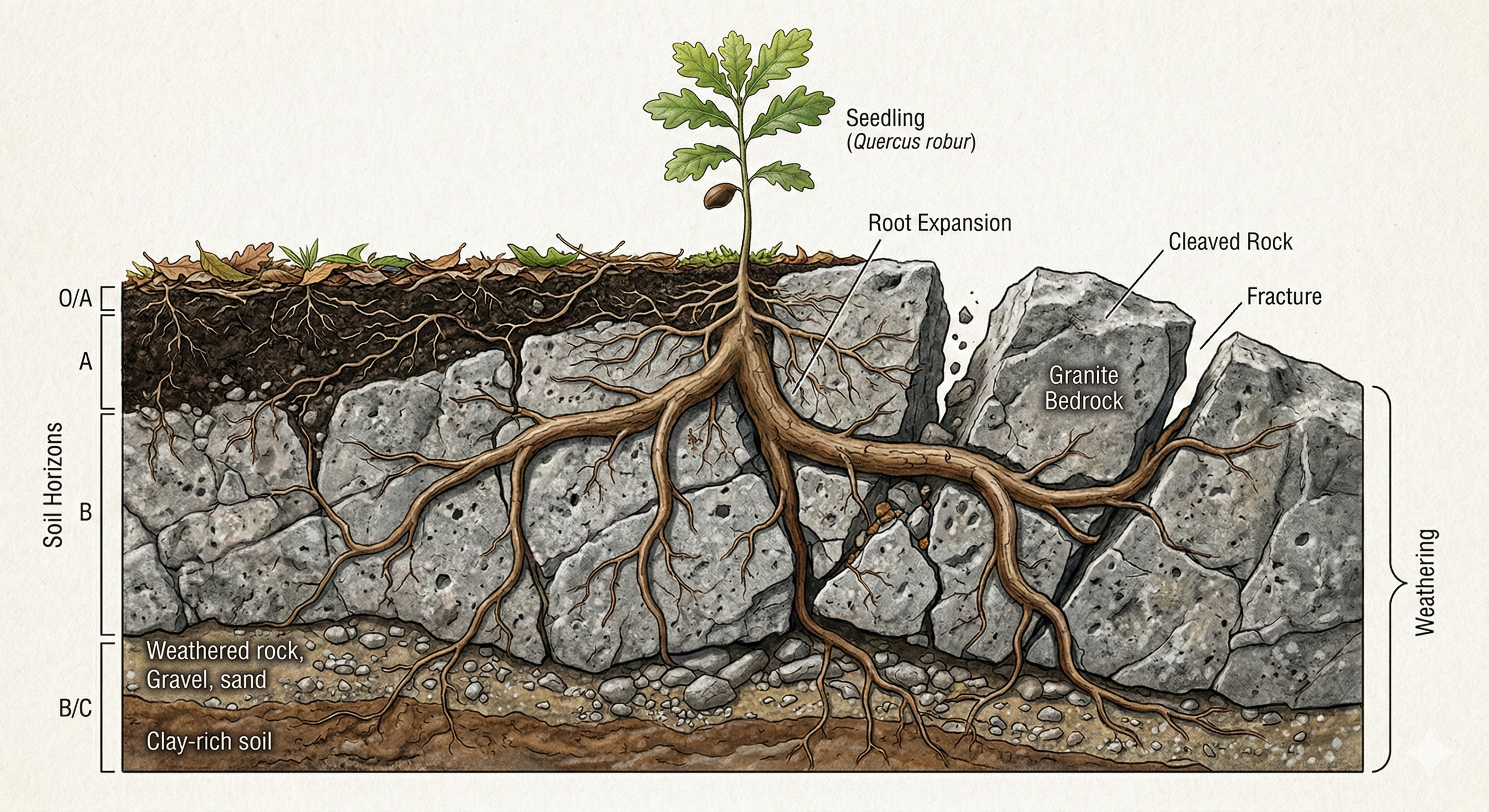 Tree roots growing through and breaking apart rock