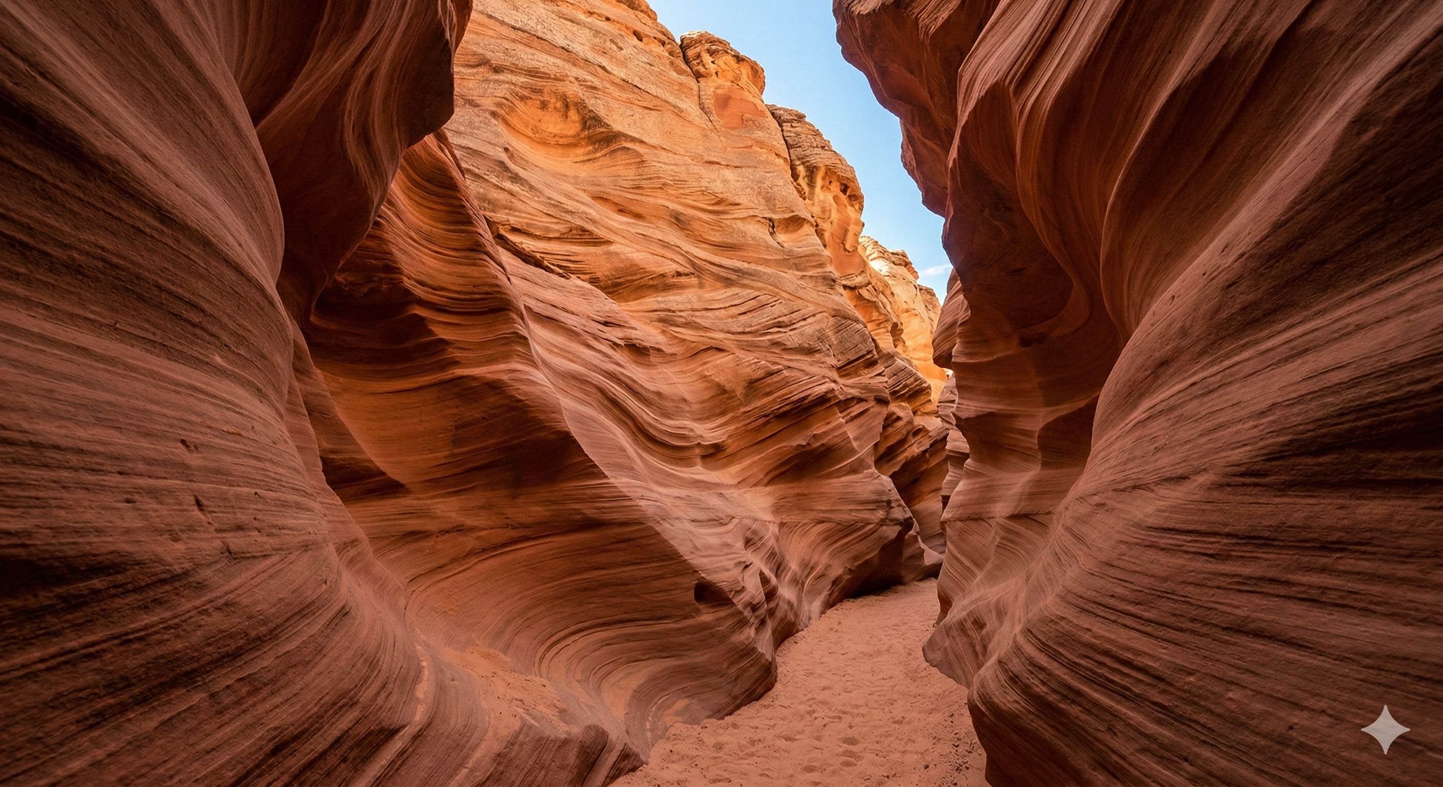 Slot canyon with smooth sandstone walls carved by wind abrasion, similar to Antelope Canyon in Arizona