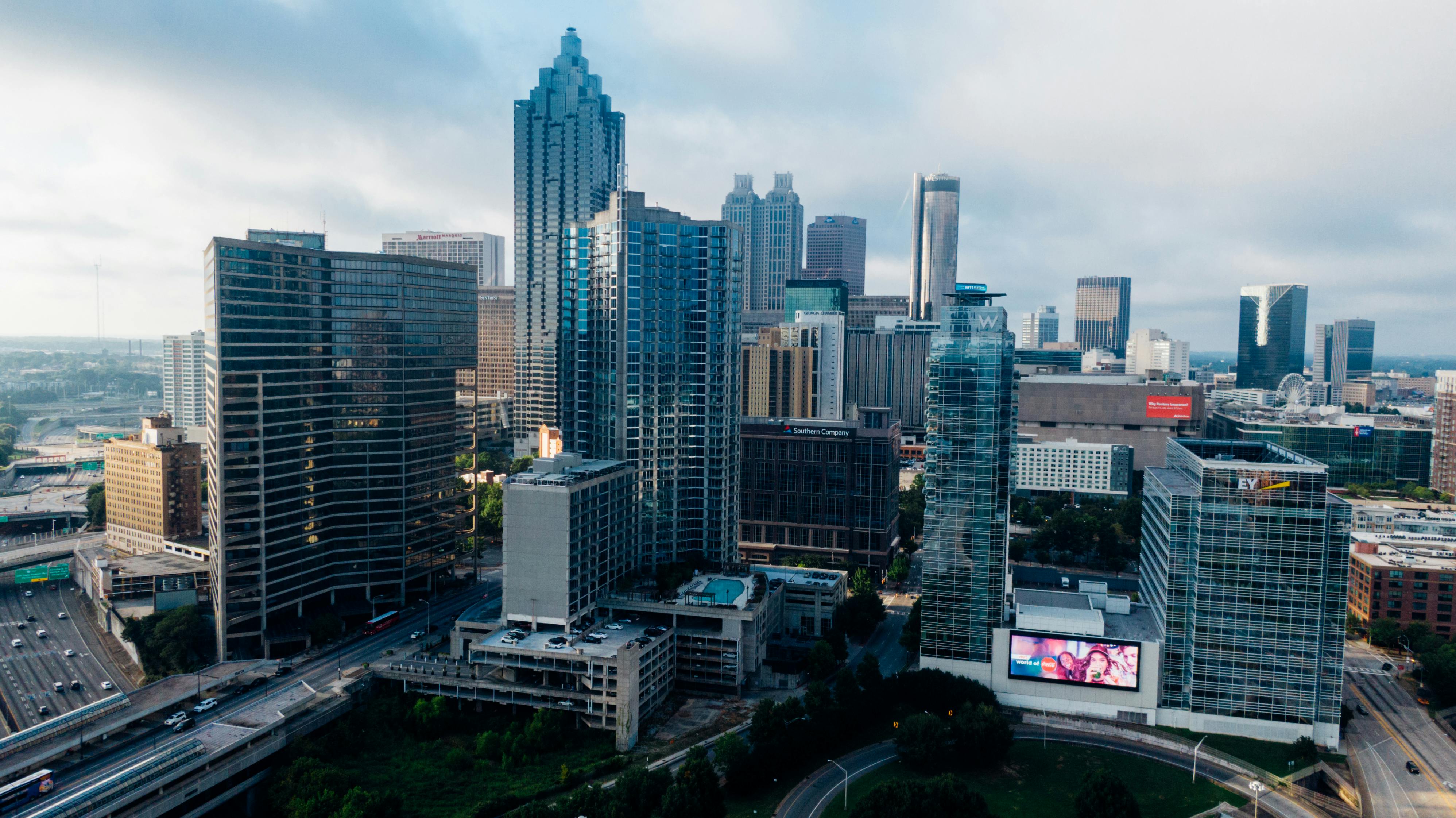Aerial view of Atlanta's downtown skyline with modern skyscrapers during daytime.